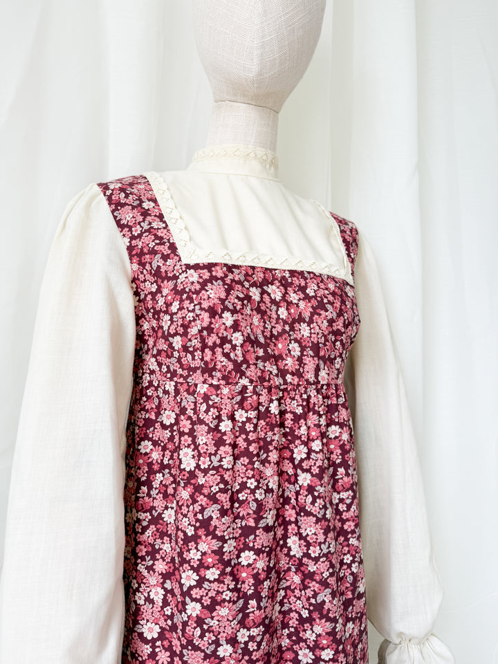 Adorable 1970s St Michaels Floral Cotton Lace Trimmed Maxi Dress