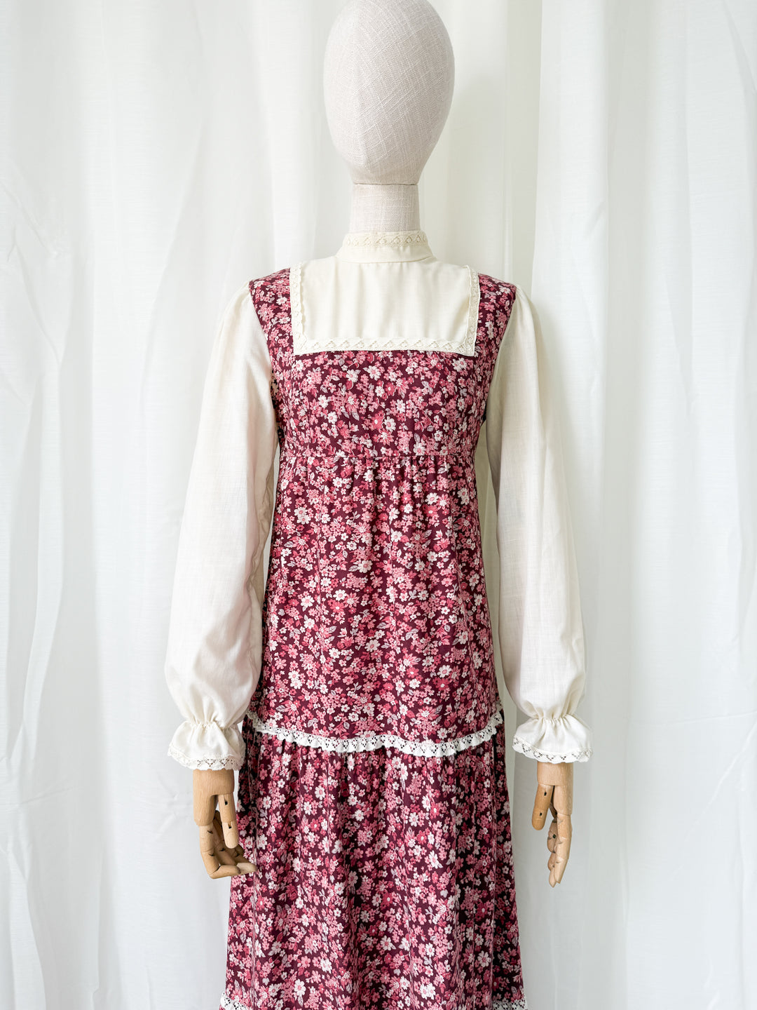 Adorable 1970s St Michaels Floral Cotton Lace Trimmed Maxi Dress