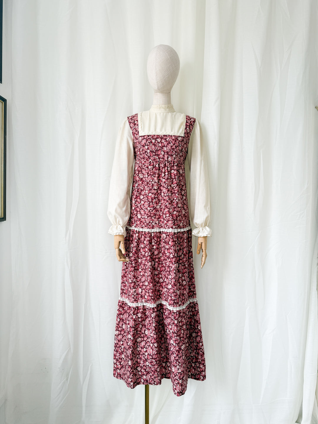 Adorable 1970s St Michaels Floral Cotton Lace Trimmed Maxi Dress