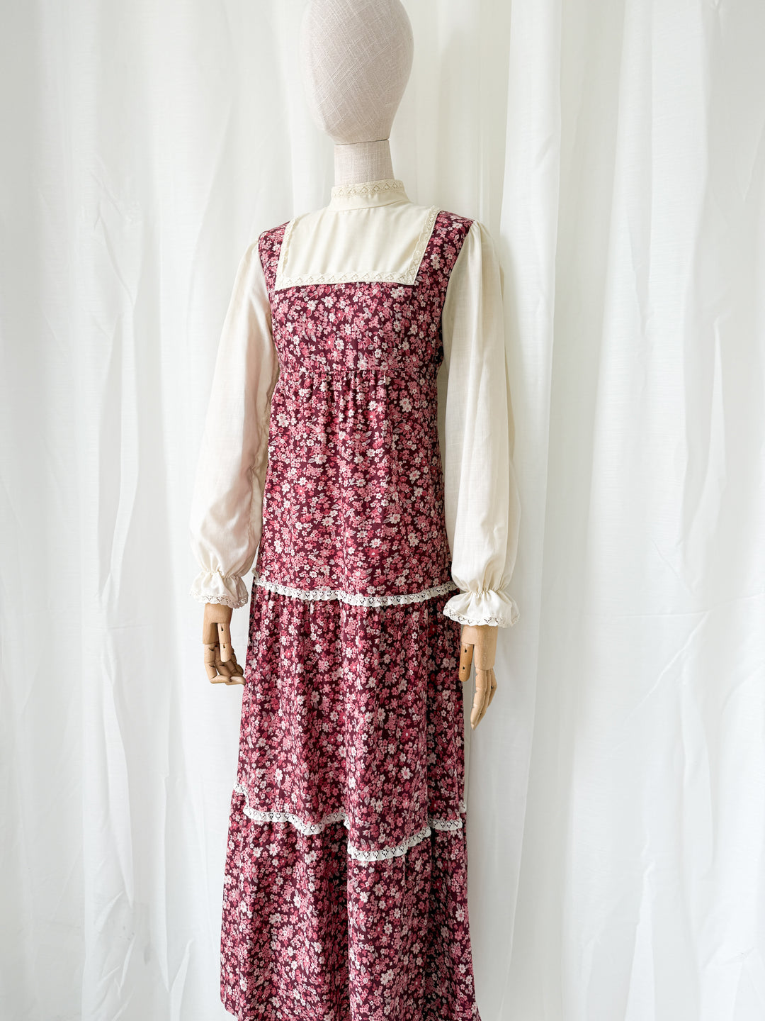 Adorable 1970s St Michaels Floral Cotton Lace Trimmed Maxi Dress