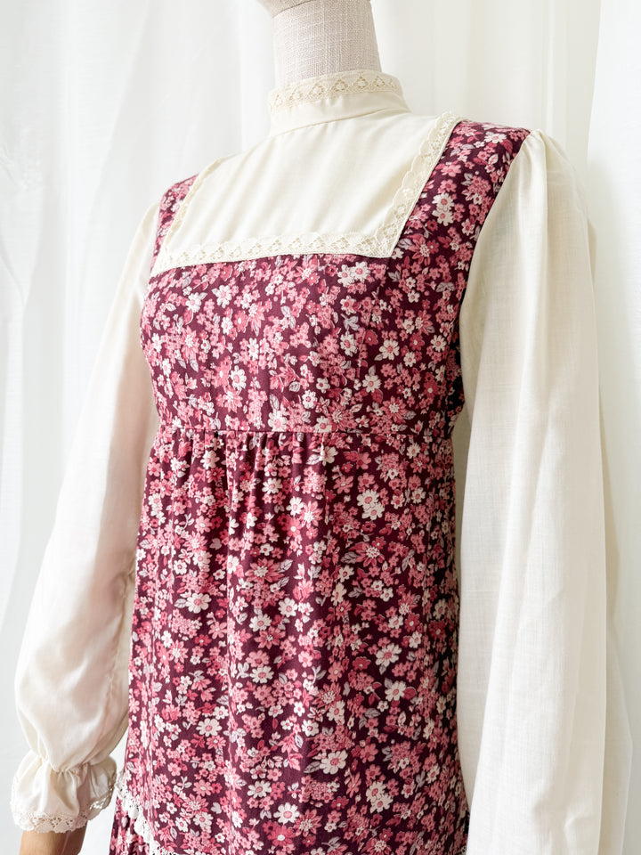 Adorable 1970s St Michaels Floral Cotton Lace Trimmed Maxi Dress