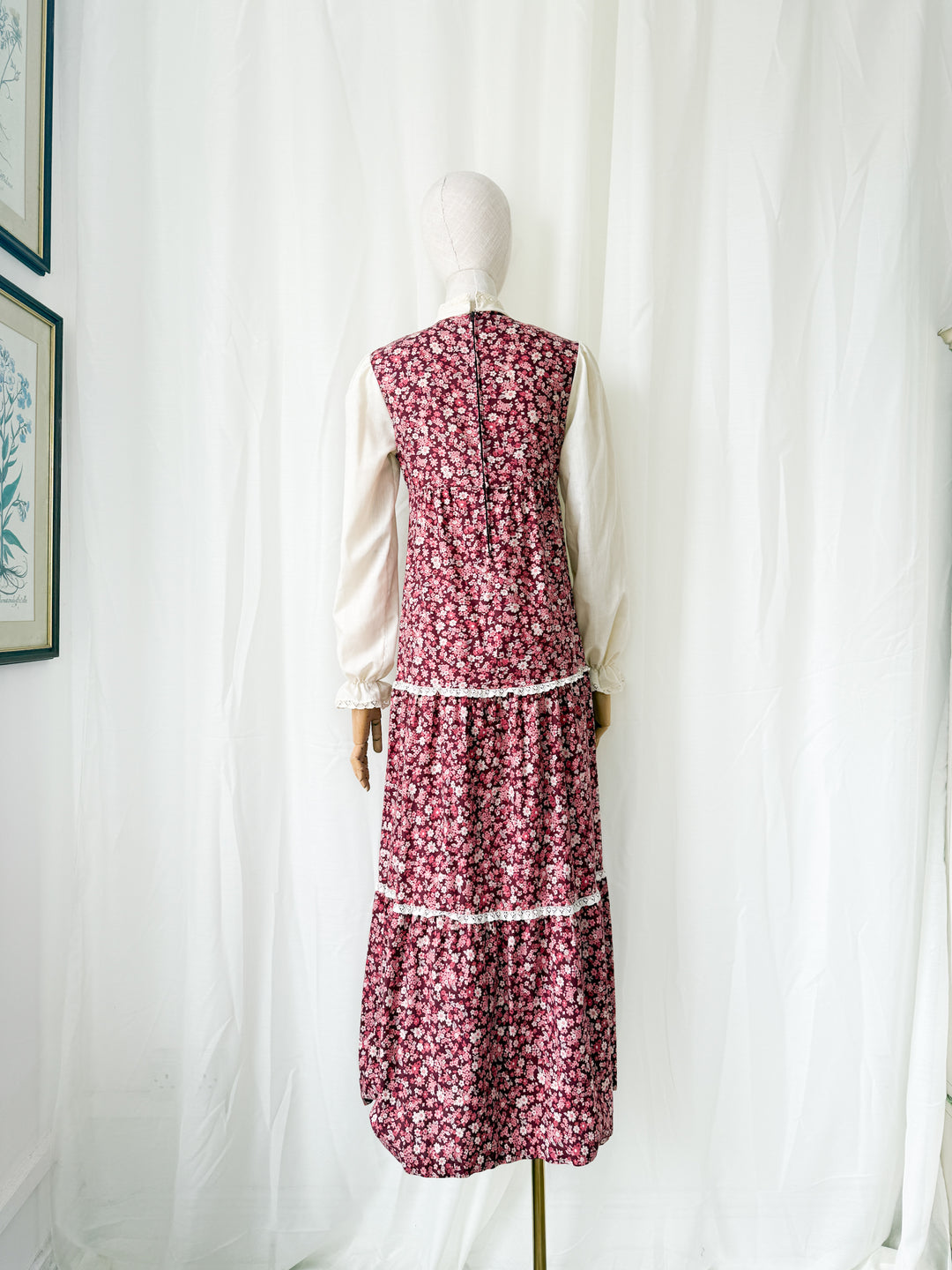 Adorable 1970s St Michaels Floral Cotton Lace Trimmed Maxi Dress