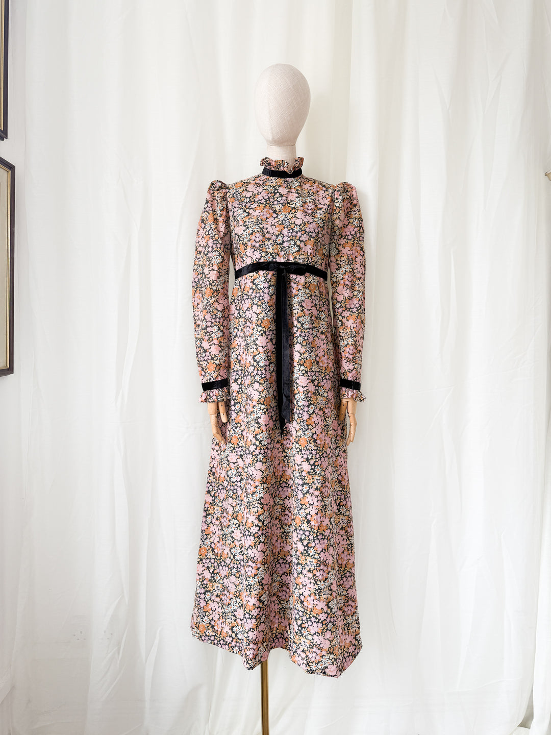 Insane Rare 1970s Dark Floral Cotton Maxi Dress by Quad