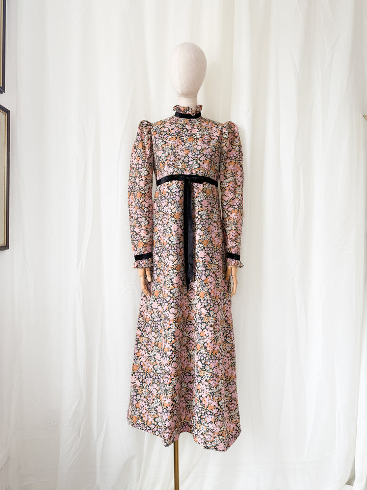 Insane Rare 1970s Dark Floral Cotton Maxi Dress by Quad