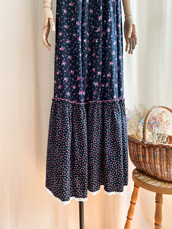 Beaut Black Floral Shirred 70s Cotton Prairie Dress