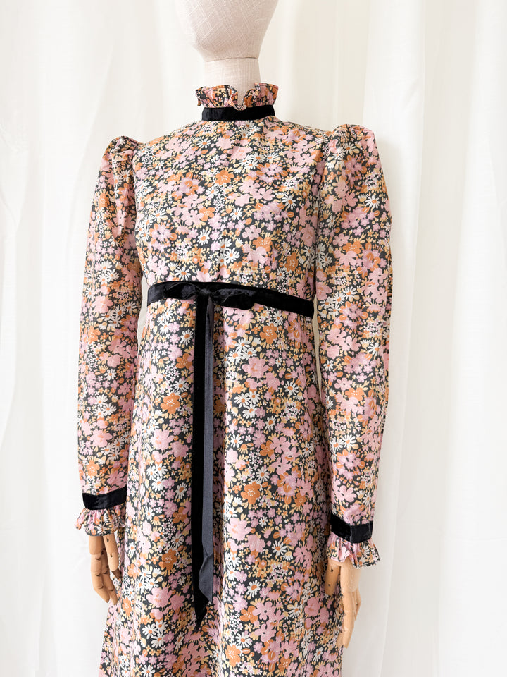 Insane Rare 1970s Dark Floral Cotton Maxi Dress by Quad