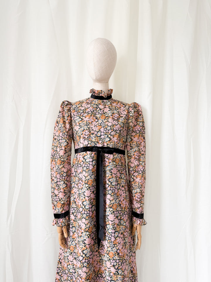 Insane Rare 1970s Dark Floral Cotton Maxi Dress by Quad