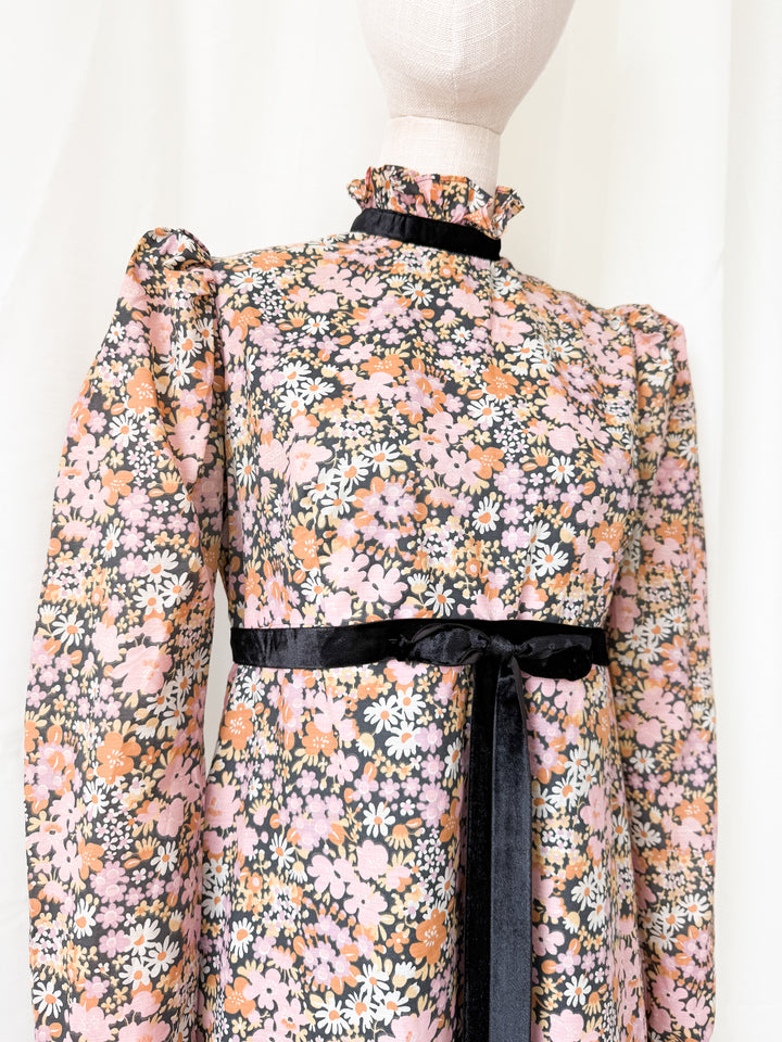 Insane Rare 1970s Dark Floral Cotton Maxi Dress by Quad