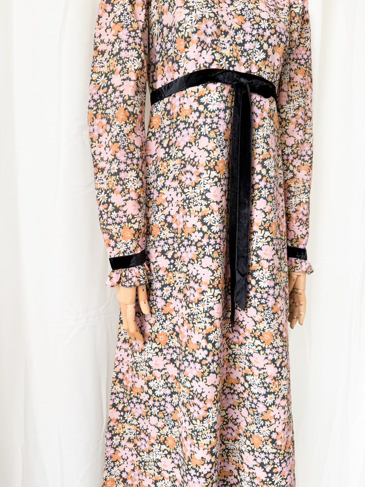 Insane Rare 1970s Dark Floral Cotton Maxi Dress by Quad