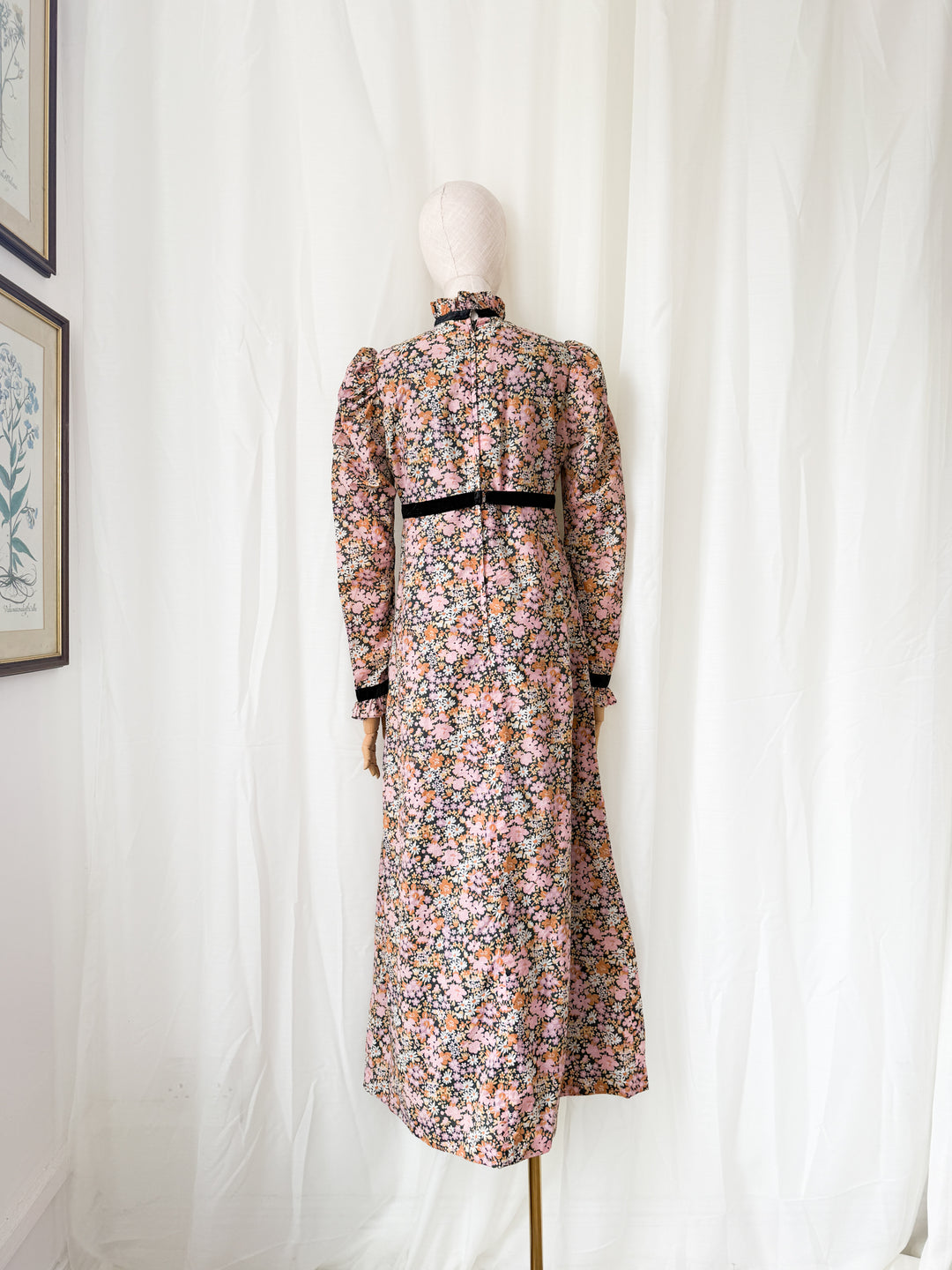 Insane Rare 1970s Dark Floral Cotton Maxi Dress by Quad