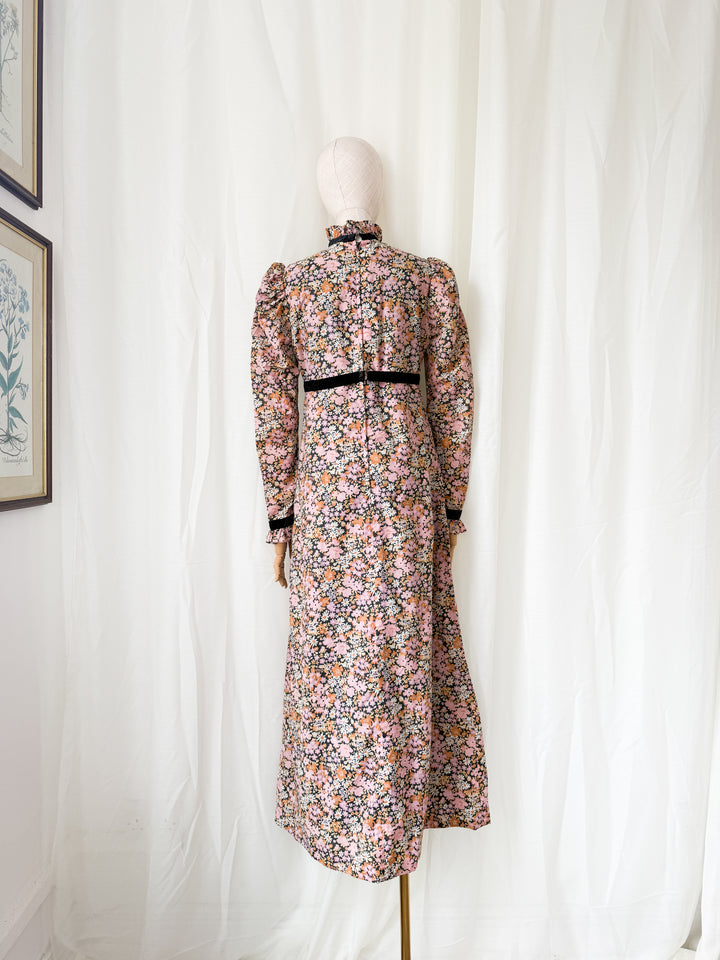 Insane Rare 1970s Dark Floral Cotton Maxi Dress by Quad