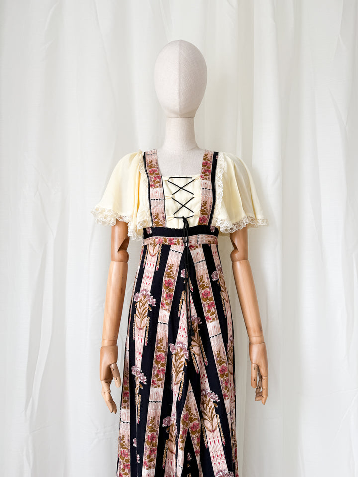 Heavenly Rare 1970s Bohemian Witchy Floral Cotton Maxi Dress