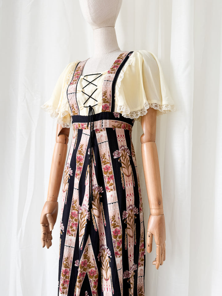 Heavenly Rare 1970s Bohemian Witchy Floral Cotton Maxi Dress