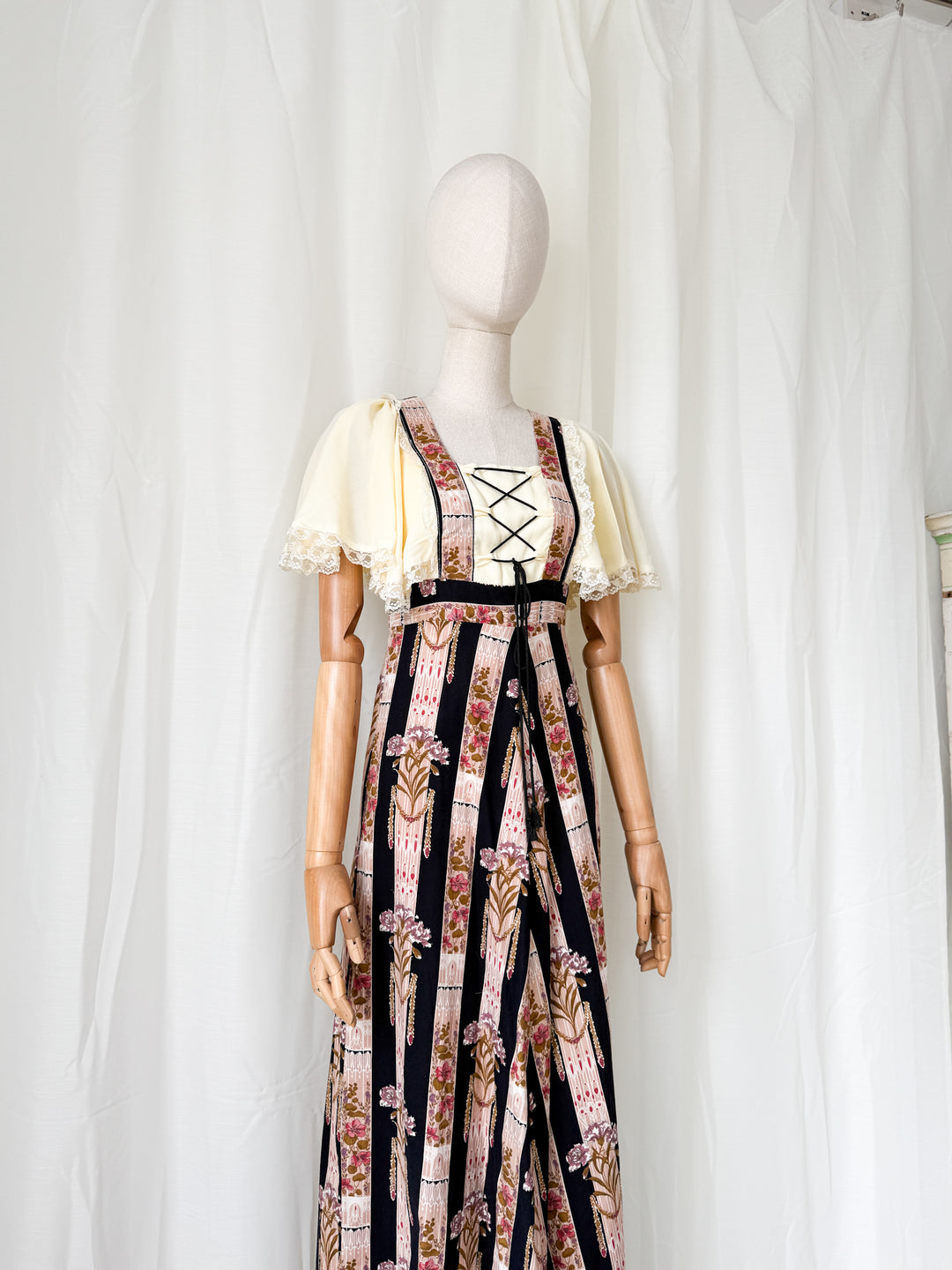 Heavenly Rare 1970s Bohemian Witchy Floral Cotton Maxi Dress