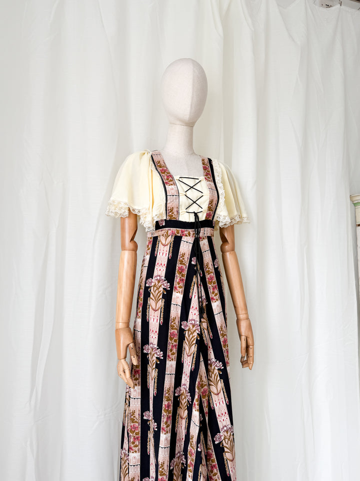 Heavenly Rare 1970s Bohemian Witchy Floral Cotton Maxi Dress