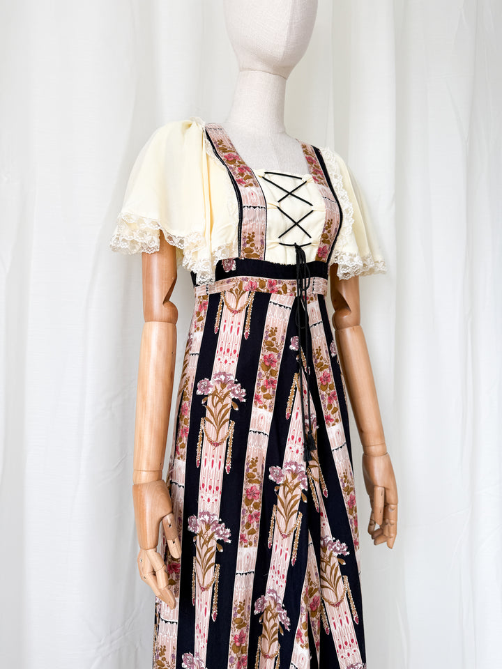 Heavenly Rare 1970s Bohemian Witchy Floral Cotton Maxi Dress