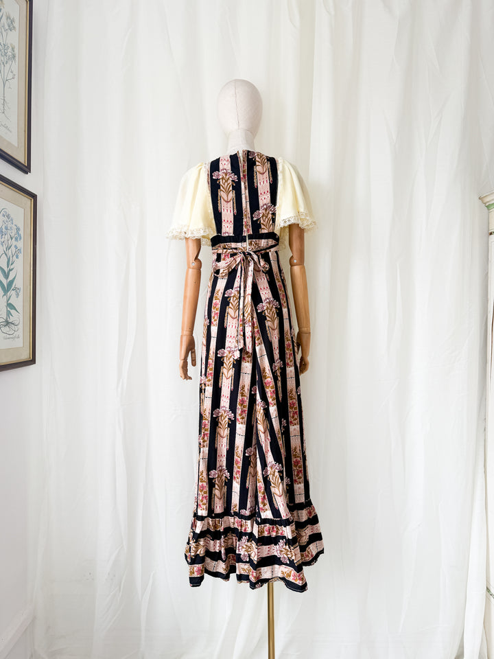 Heavenly Rare 1970s Bohemian Witchy Floral Cotton Maxi Dress