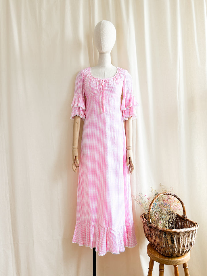 Amy ~ Gorge 1970s Pink Gingham Cotton Prairie Dress