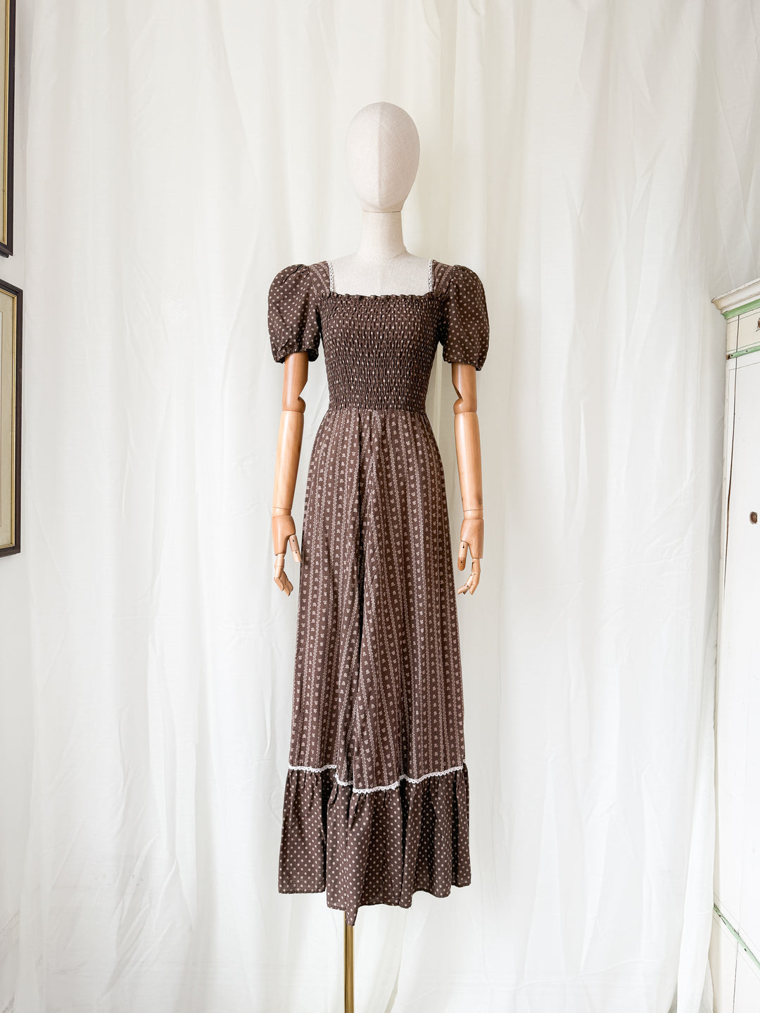 Gorgeous 1970s Smocked Bodice Cotton Maxi Dress