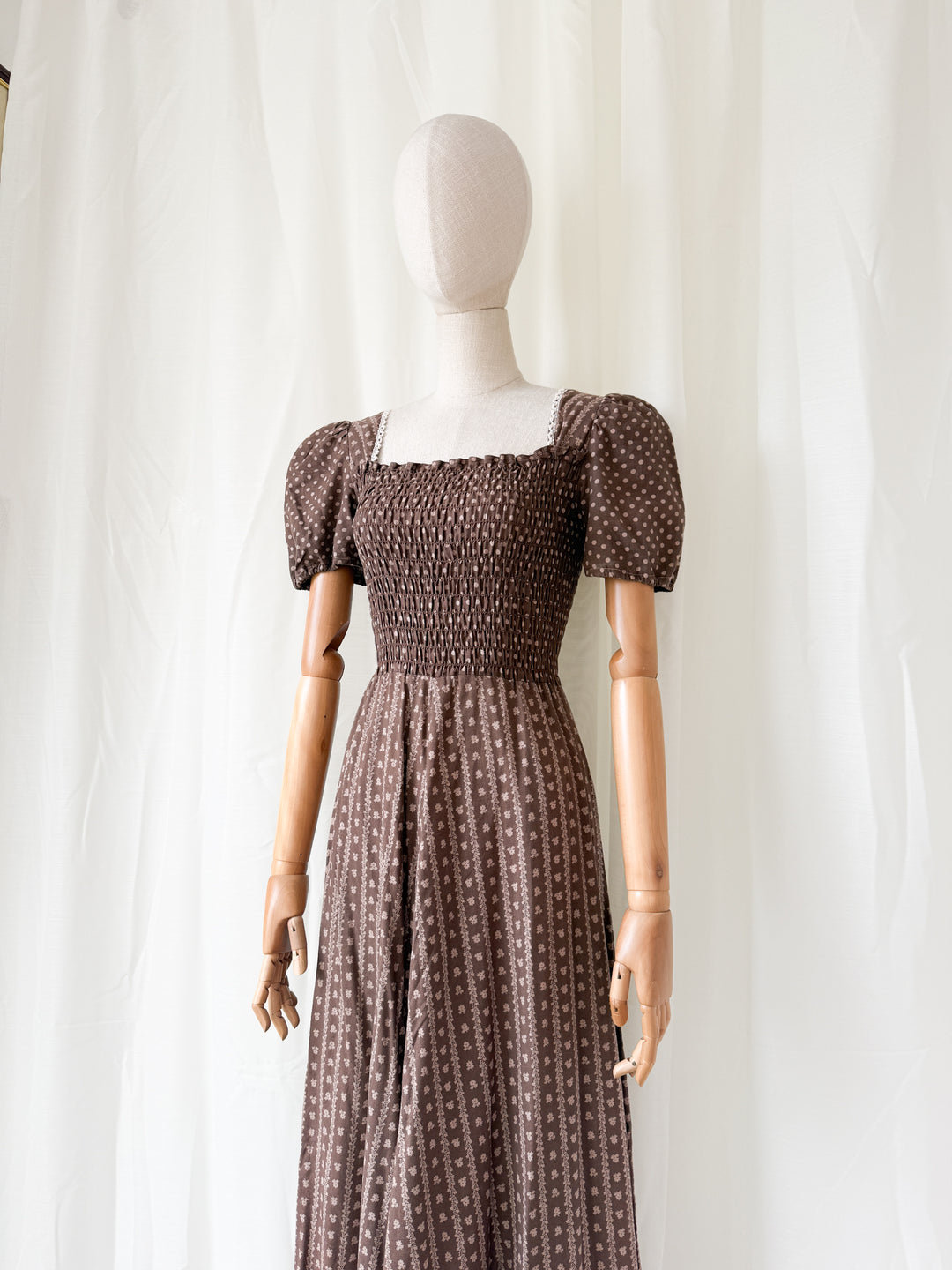 Gorgeous 1970s Smocked Bodice Cotton Maxi Dress