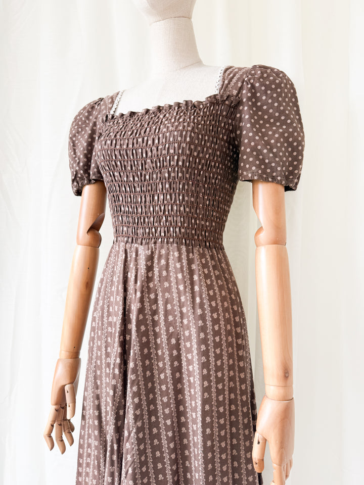Gorgeous 1970s Smocked Bodice Cotton Maxi Dress
