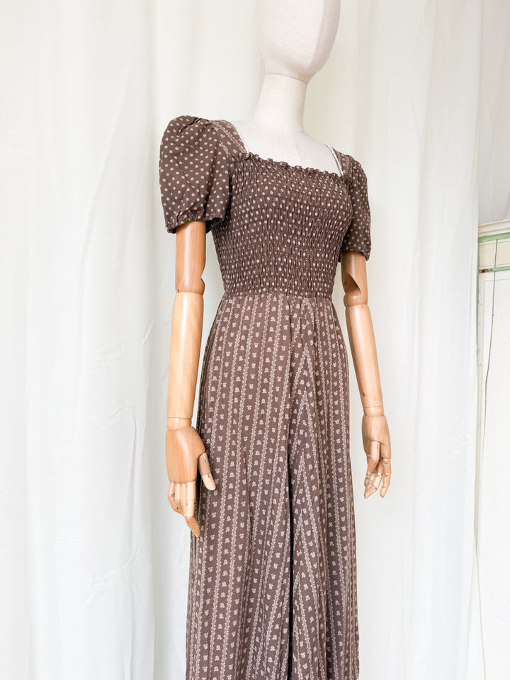 Gorgeous 1970s Smocked Bodice Cotton Maxi Dress