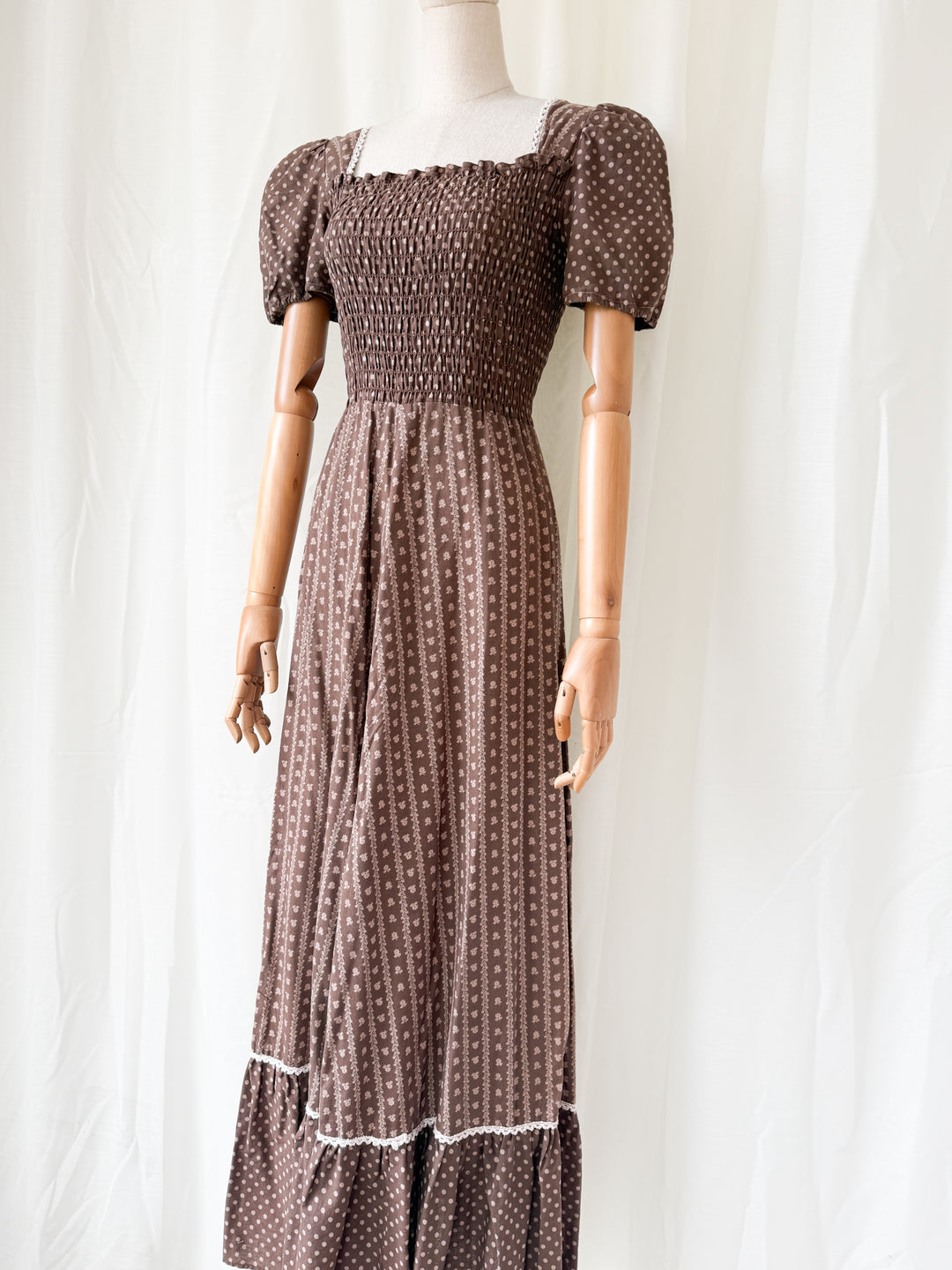 Gorgeous 1970s Smocked Bodice Cotton Maxi Dress