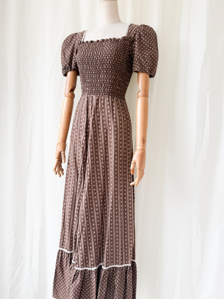 Gorgeous 1970s Smocked Bodice Cotton Maxi Dress