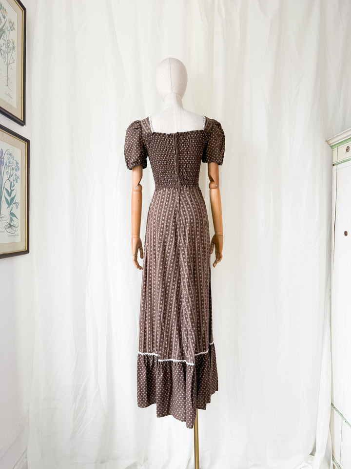 Gorgeous 1970s Smocked Bodice Cotton Maxi Dress