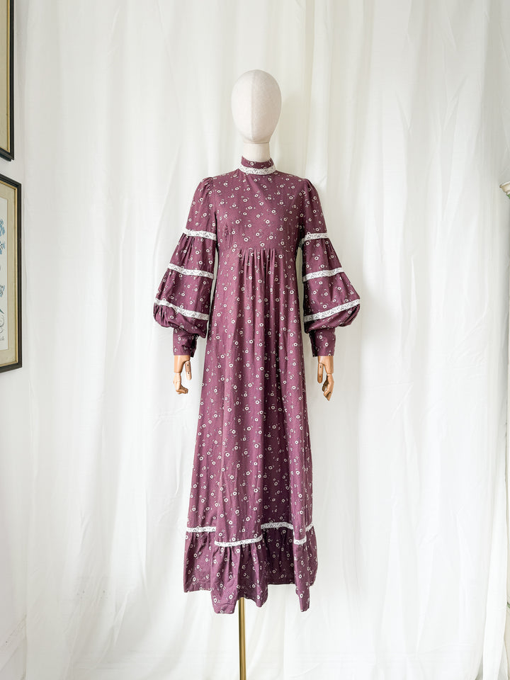 Stunning Rare Marion Donaldson Mauve Floral Cotton Billowing Sleeve Maxi Dress