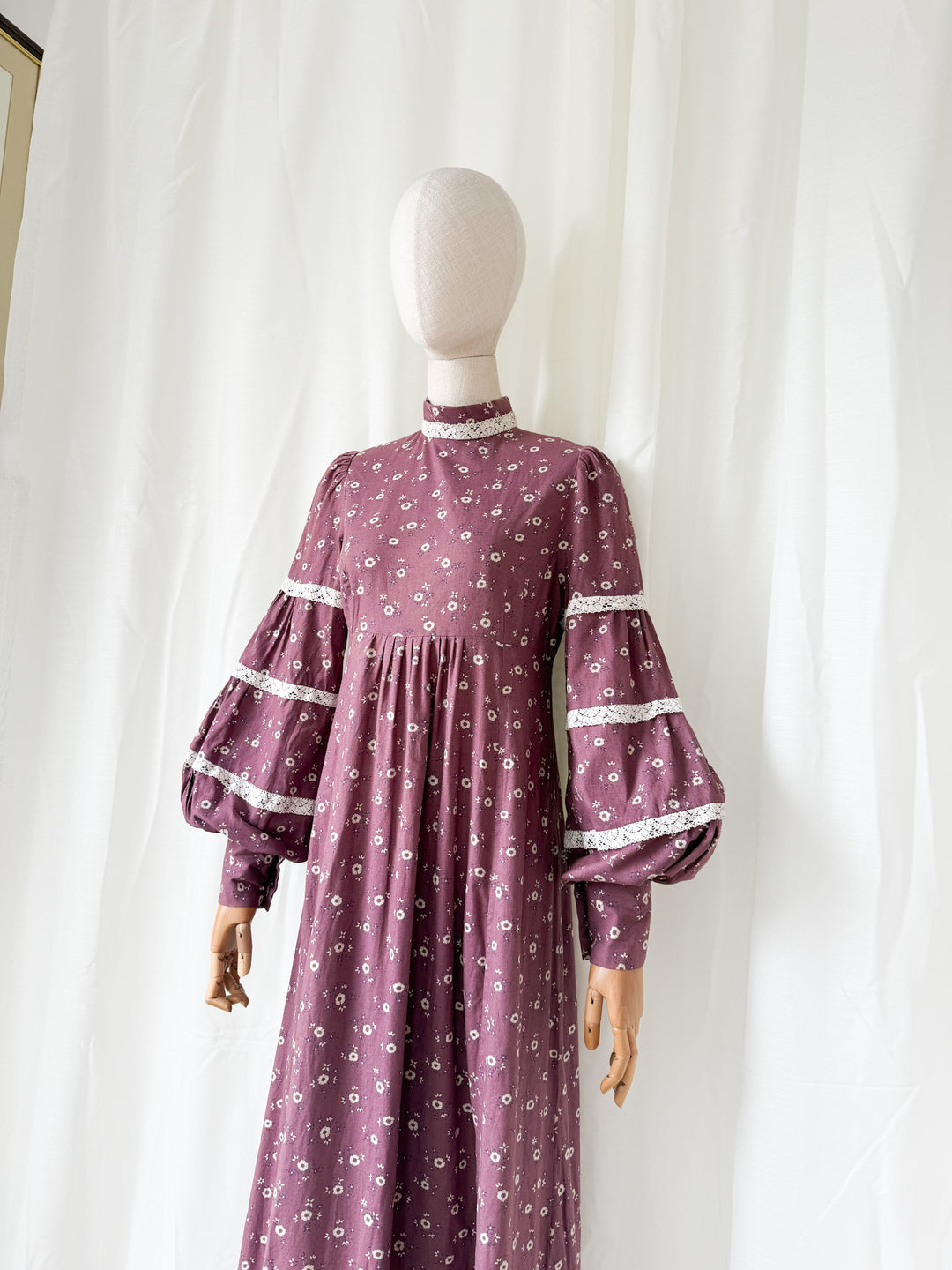 Stunning Rare Marion Donaldson Mauve Floral Cotton Billowing Sleeve Maxi Dress