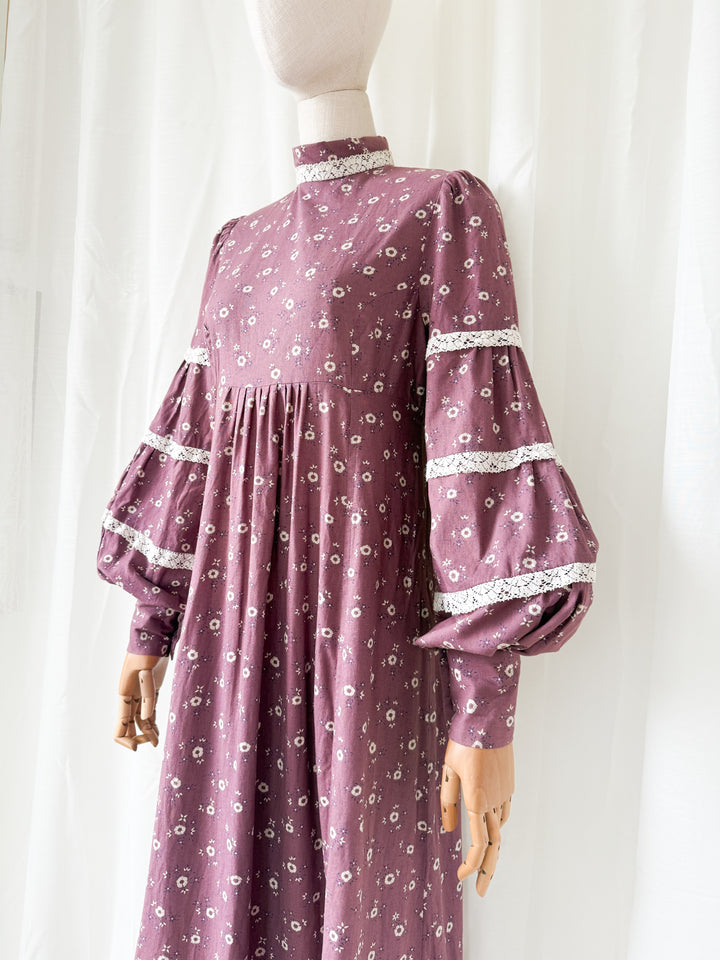Stunning Rare Marion Donaldson Mauve Floral Cotton Billowing Sleeve Maxi Dress