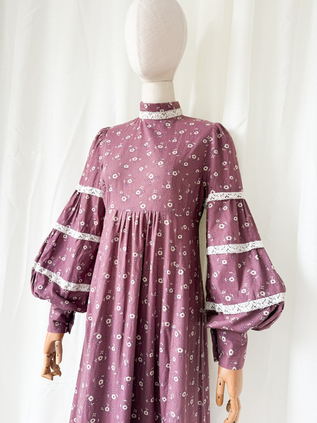 Stunning Rare Marion Donaldson Mauve Floral Cotton Billowing Sleeve Maxi Dress