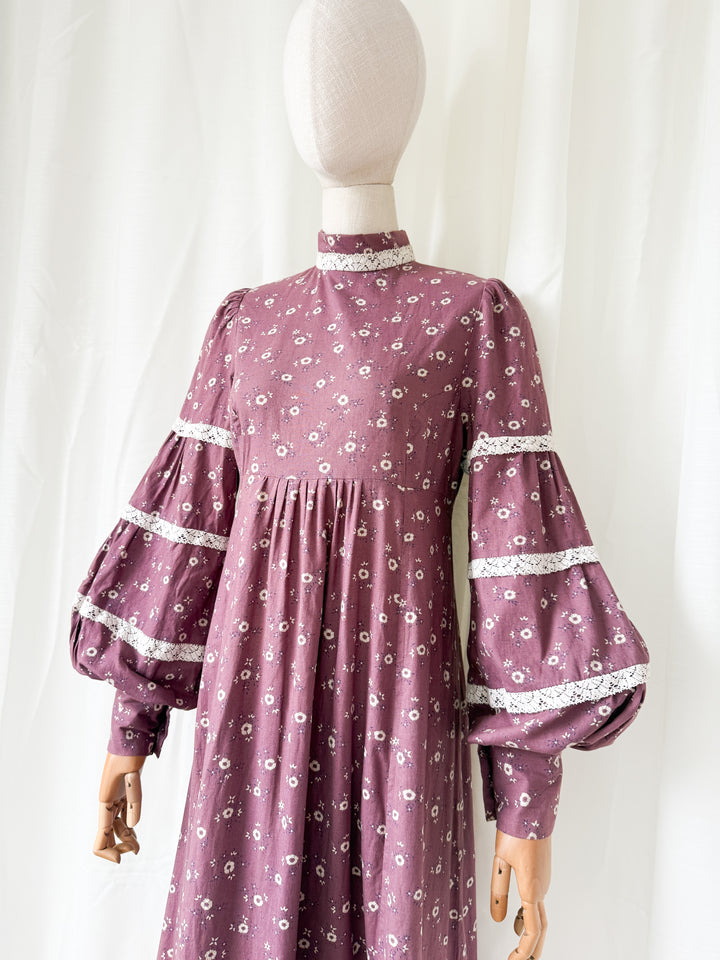 Stunning Rare Marion Donaldson Mauve Floral Cotton Billowing Sleeve Maxi Dress