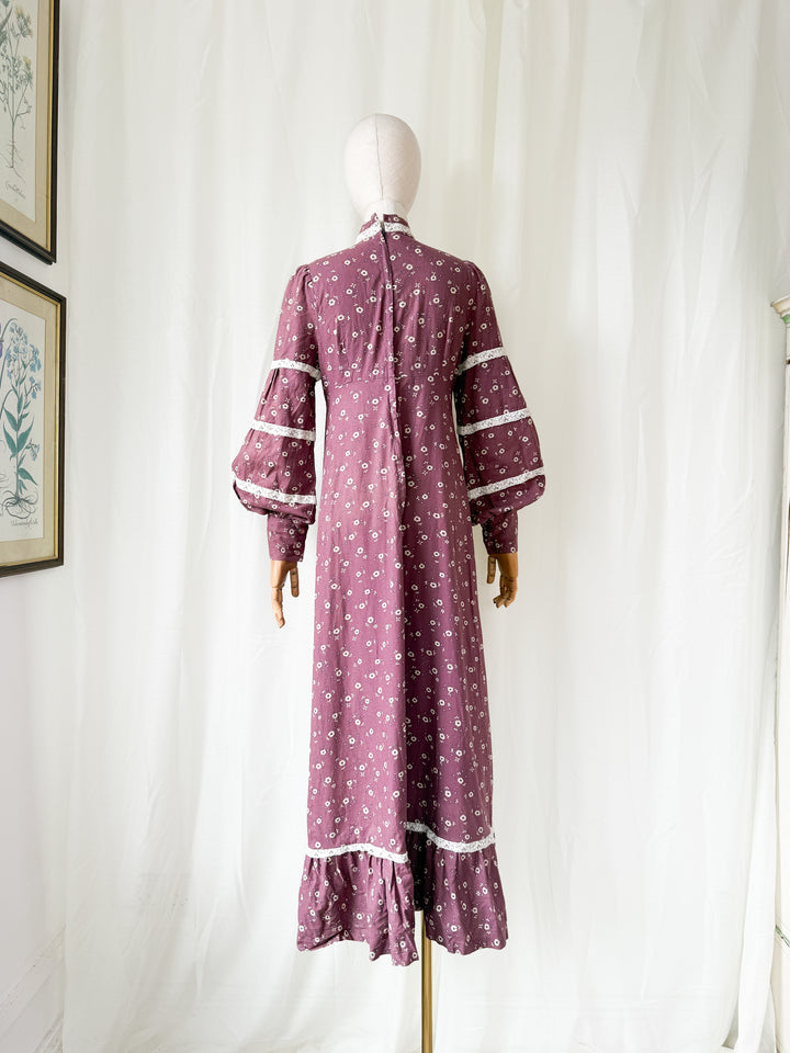 Stunning Rare Marion Donaldson Mauve Floral Cotton Billowing Sleeve Maxi Dress