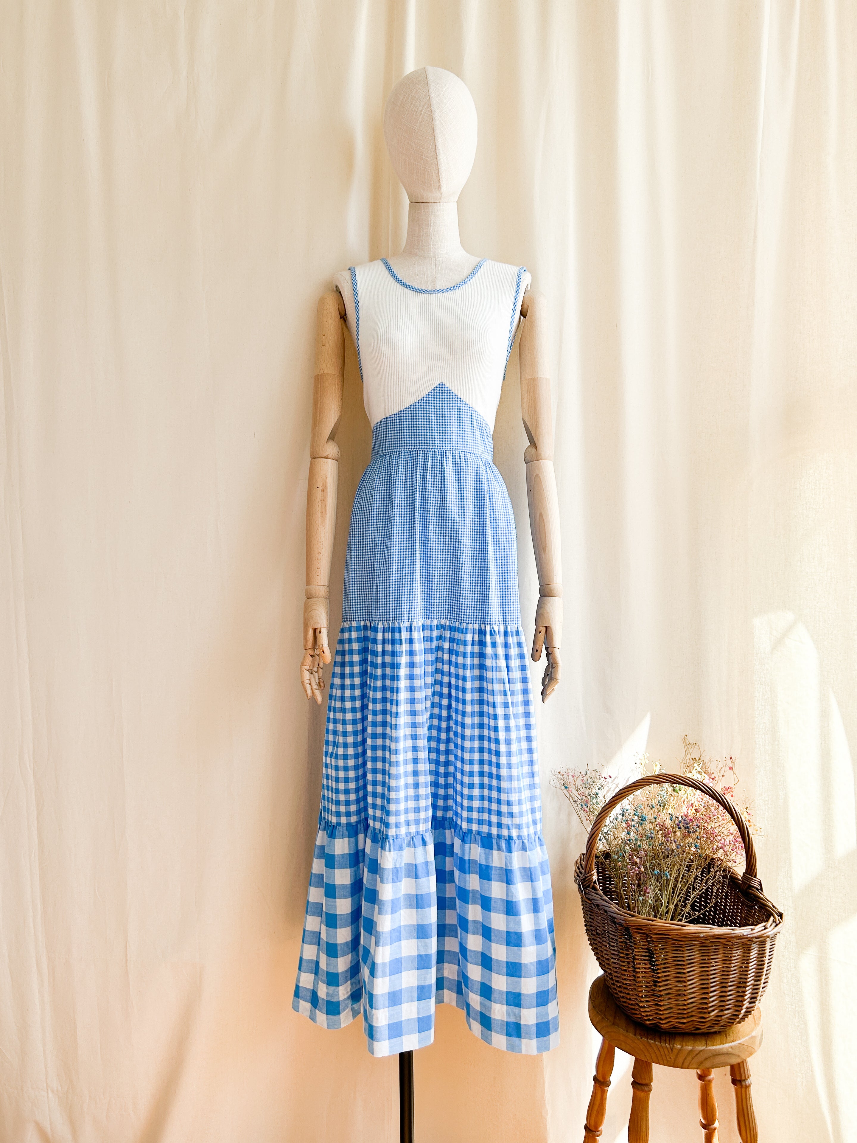 Dreamy French Girl 70s Blue Gingham Ribbed Bodice Cotton Prairie
