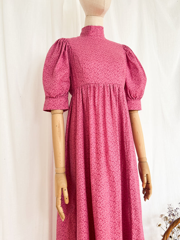 Dreamy Pink Cotton Floral 1970s Puff Sleeve Prairie dress