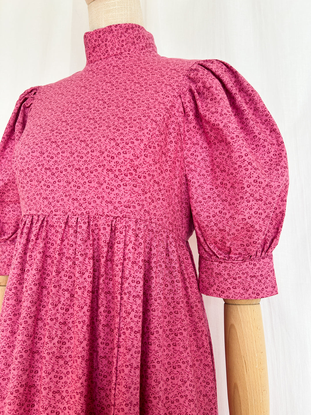 Dreamy Pink Cotton Floral 1970s Puff Sleeve Prairie dress