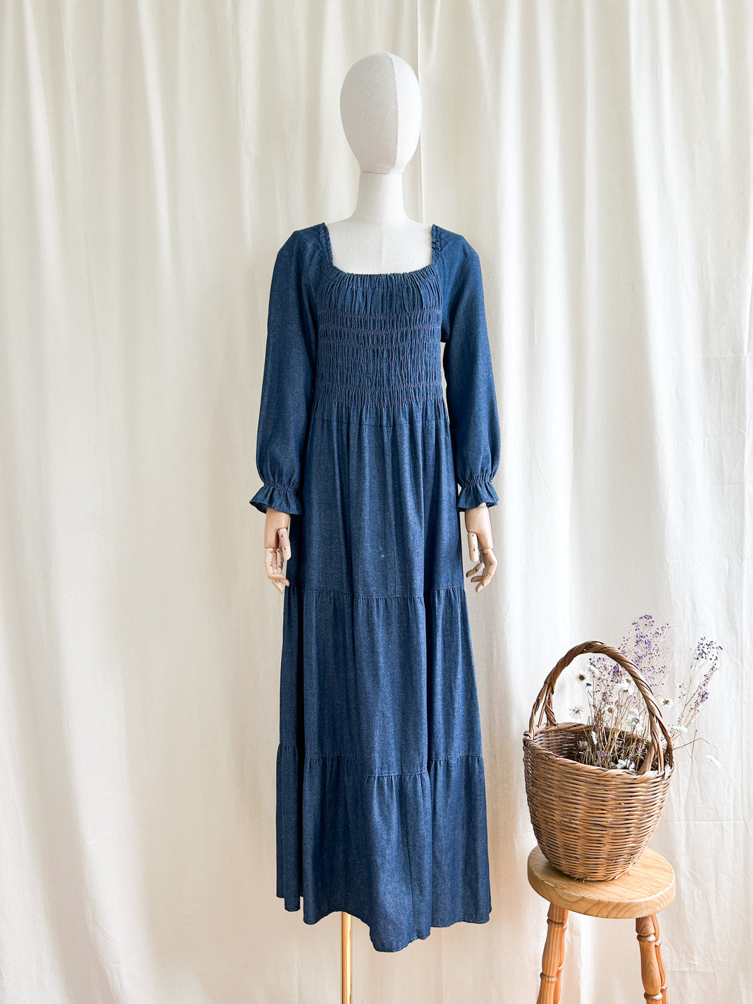 shirred denim dress Shirred Square Neck Puff Sleeve Denim Dress