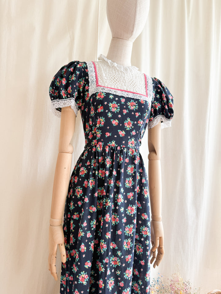 Adorable 70s Lace Yoke Black Floral Cotton Prairie Maxi Dress