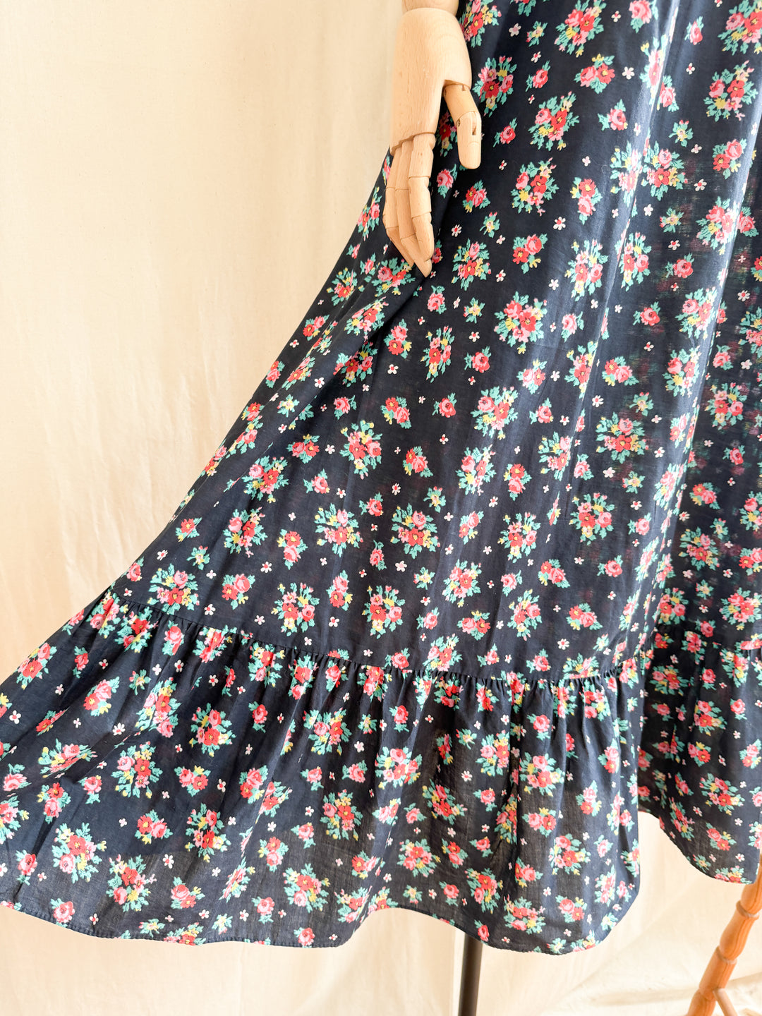 Adorable 70s Lace Yoke Black Floral Cotton Prairie Maxi Dress
