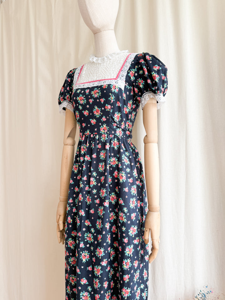 Adorable 70s Lace Yoke Black Floral Cotton Prairie Maxi Dress