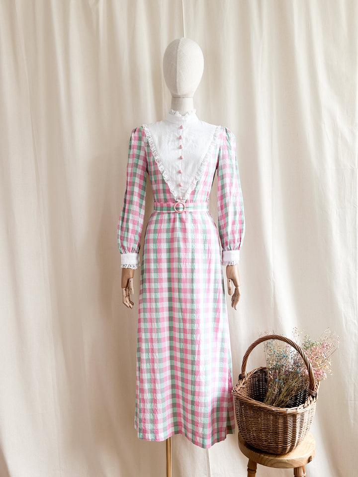 Sweet Pastel Plaid Seersucker Cotton 70s Prairie Dress