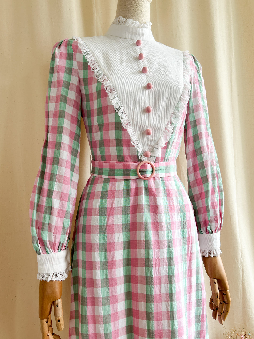 Sweet Pastel Plaid Seersucker Cotton 70s Prairie Dress