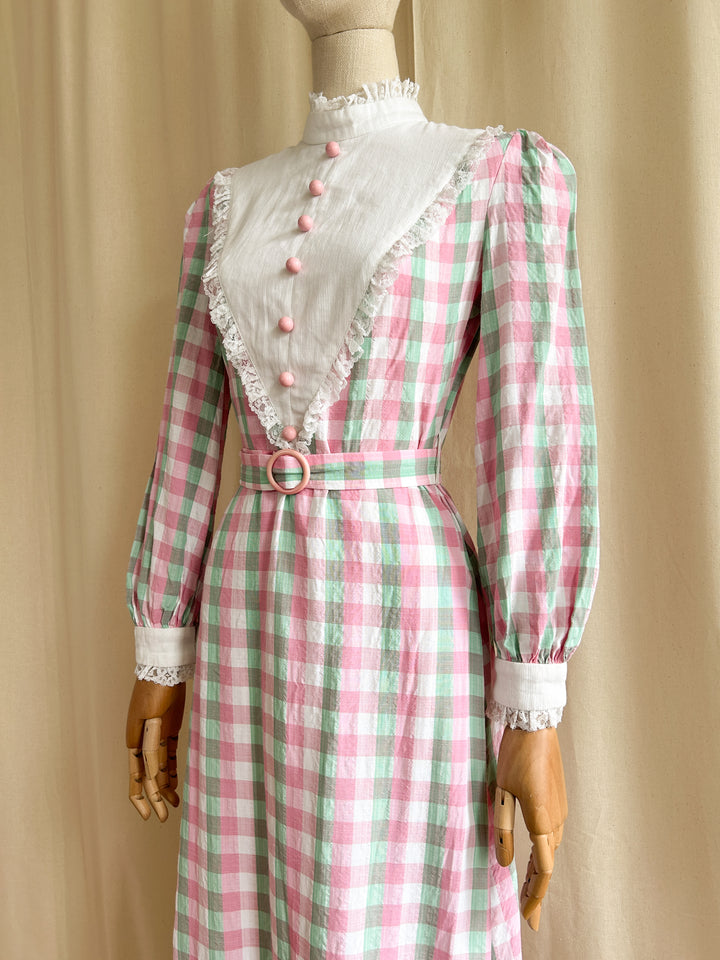 Sweet Pastel Plaid Seersucker Cotton 70s Prairie Dress