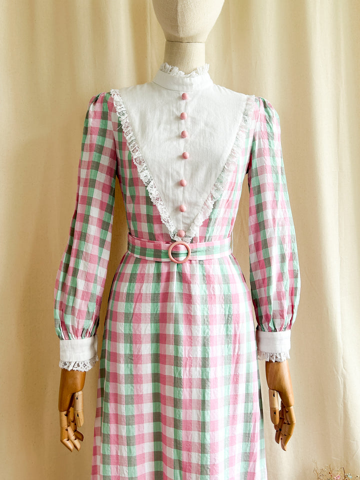 Sweet Pastel Plaid Seersucker Cotton 70s Prairie Dress