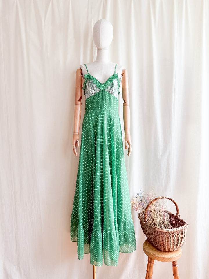 Stunning Clover Green Romantic 70s Cotton Maxi Dress by Kati
