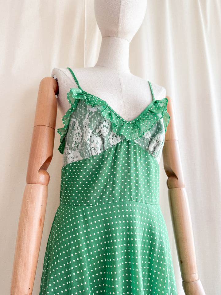 Stunning Clover Green Romantic 70s Cotton Maxi Dress by Kati