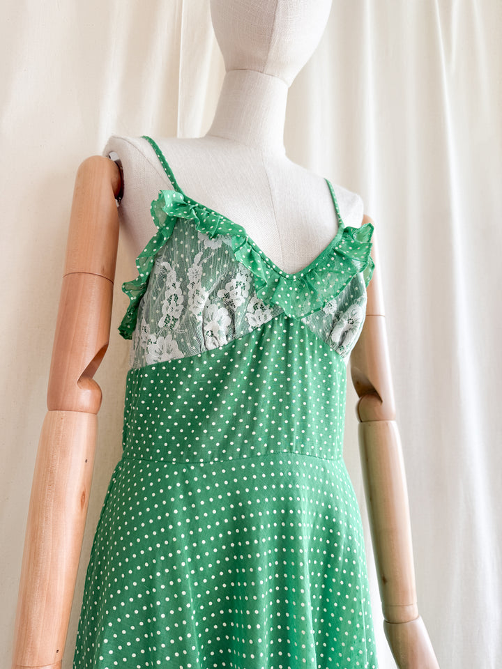 Stunning Clover Green Romantic 70s Cotton Maxi Dress by Kati
