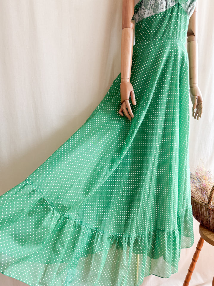 Stunning Clover Green Romantic 70s Cotton Maxi Dress by Kati